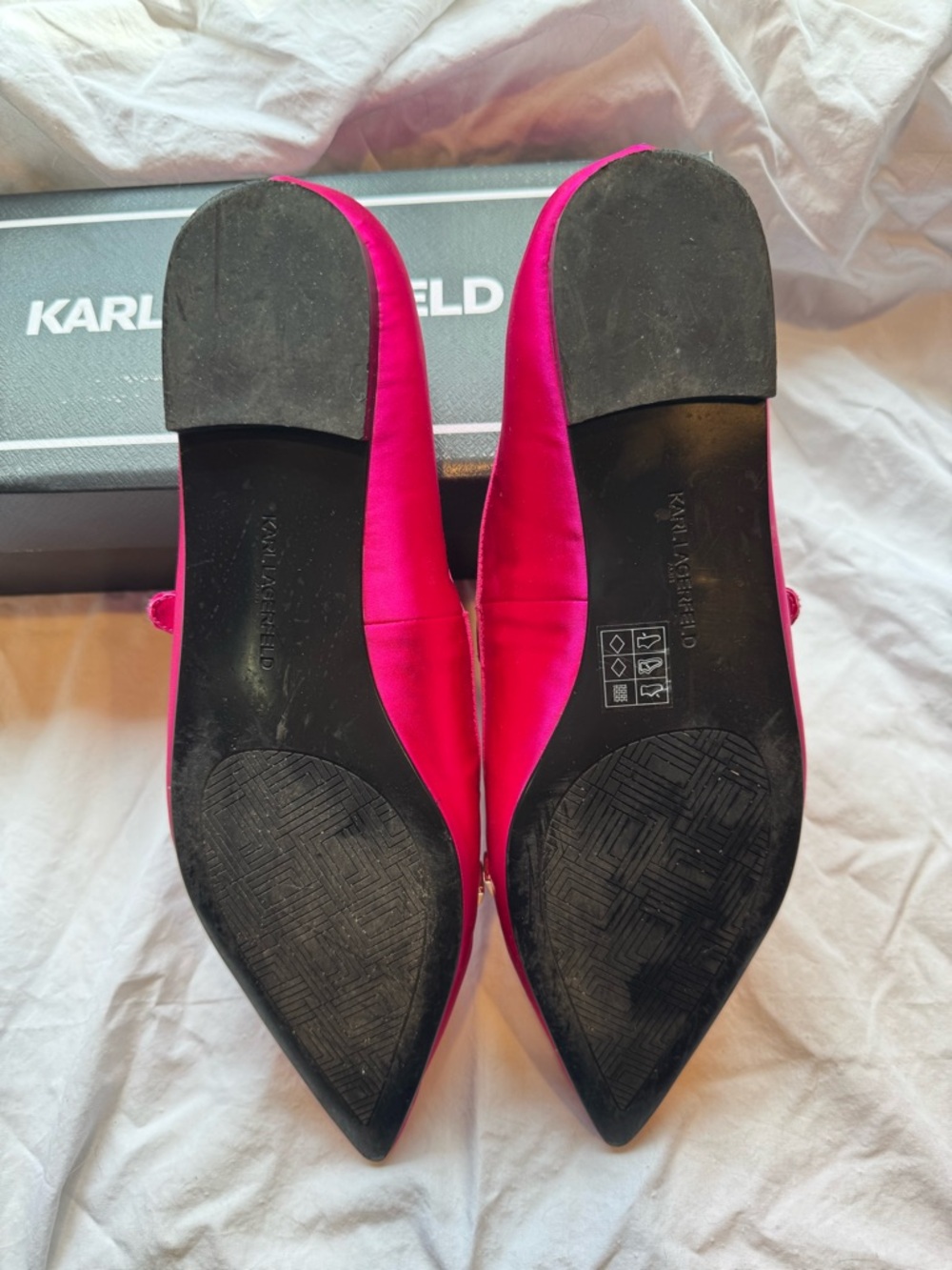 Karl Lagerfeld Veyda Hot Pink Satin Pointed Mary Jane Flats with Gold Studs - Picture 4 of 11